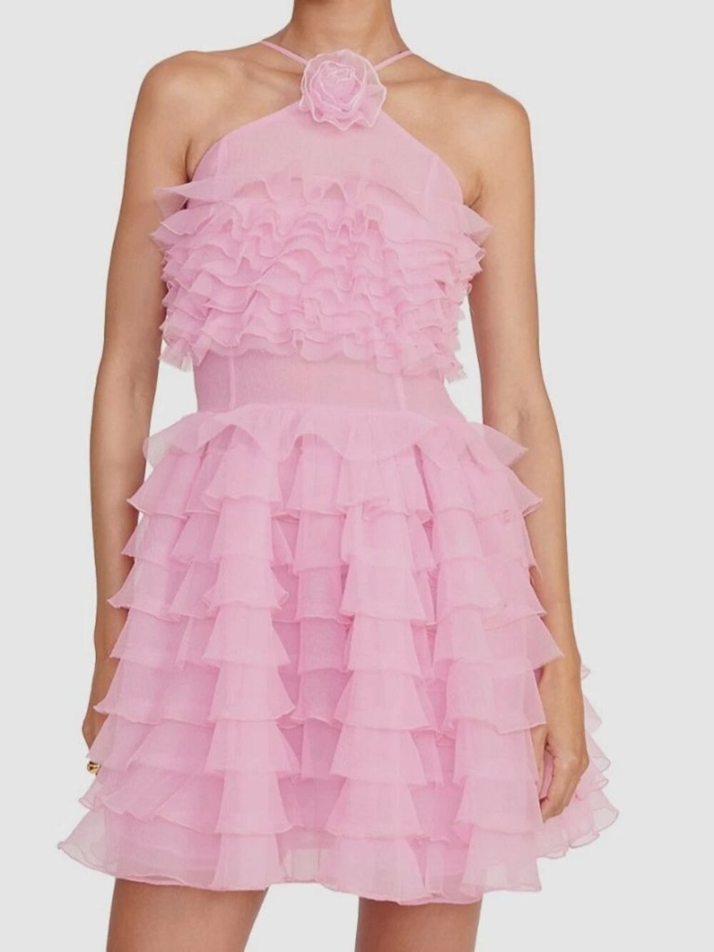 STAUD Florian Ruffle Tiered Halter Mini Dress